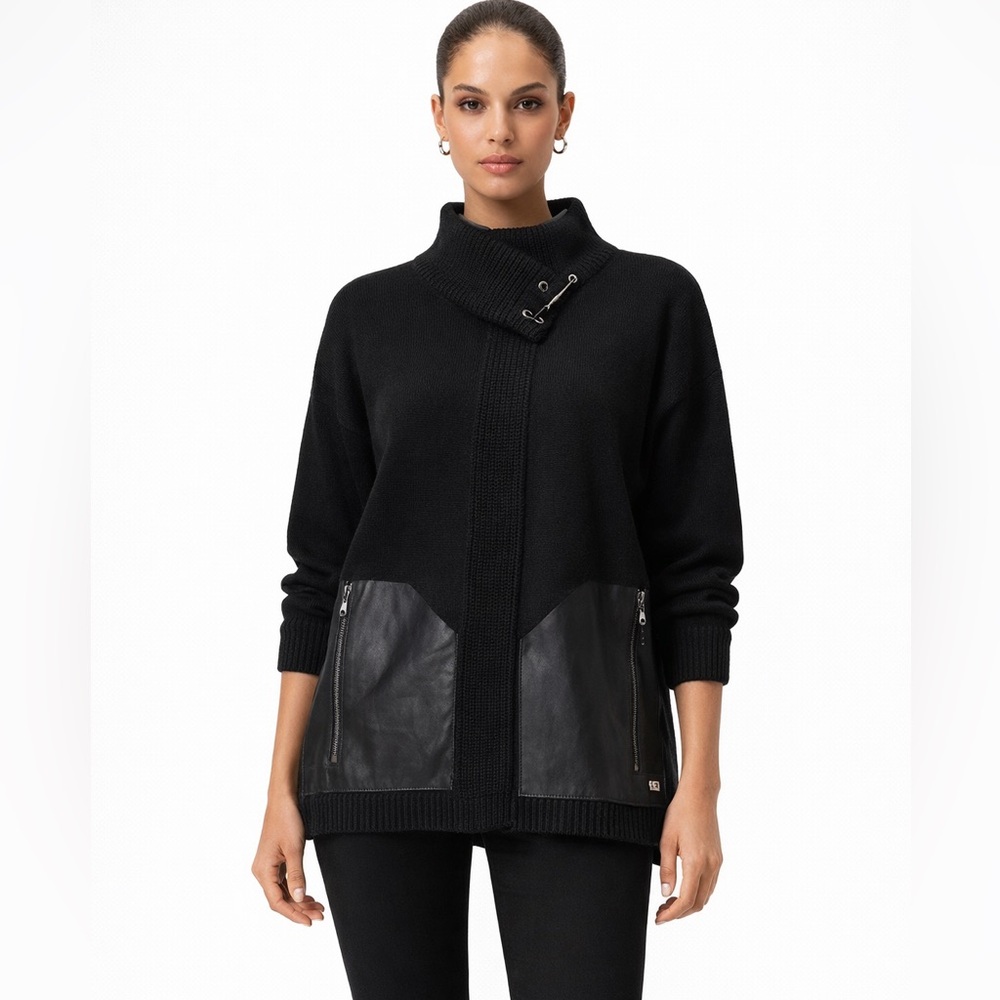 DARKWIN Black Knit faux Leather Panel Cape Sweater Oversized Large XL